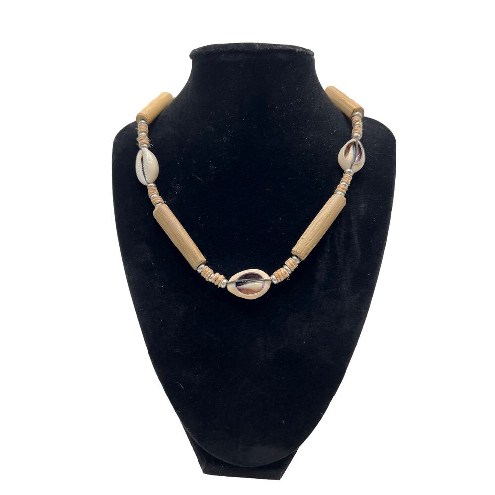 Cowry Shell and Wooden Bead Necklace Unisex Surfer Beach 17 Inch